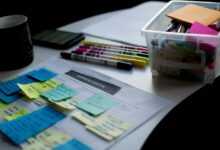 sticky notes on paper document beside pens and box