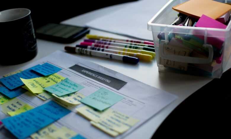 sticky notes on paper document beside pens and box