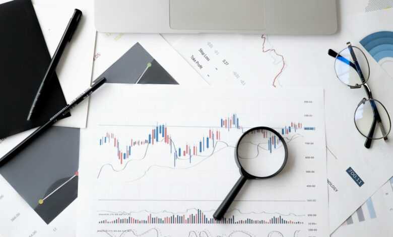 Flat lay of stock market analysis documents with magnifying glass, pens, and glasses.