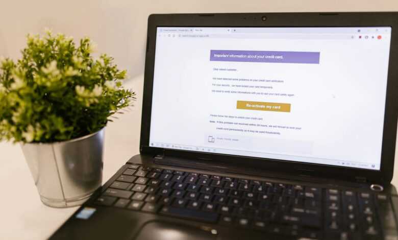 Laptop showing a financial document with a potted plant on a desk in a well-lit office.