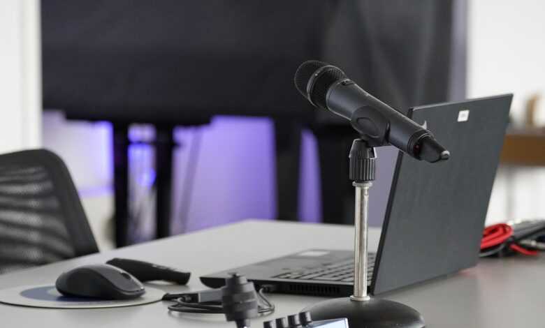 laptop, conference table, mouse, work, business, online, remote, microphone, podcast, podcast, podcast, podcast, podcast, podcast