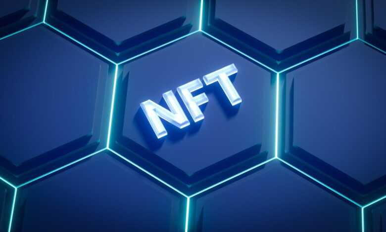 a blue hexagonal background with the word nft on it