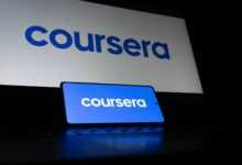 Coursera logo displayed on a laptop and phone screen.