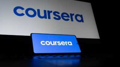 Coursera logo displayed on a laptop and phone screen.