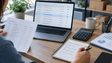 Підприємець звіряє підозрілу фінансову операцію на ноутбуці з випискою та розрахунками