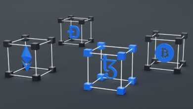 a set of three blue and white cubes with a bitcoin symbol