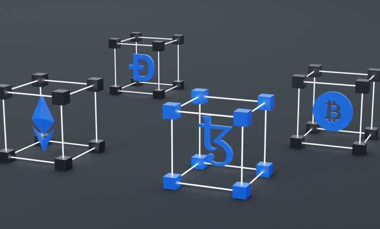 a set of three blue and white cubes with a bitcoin symbol